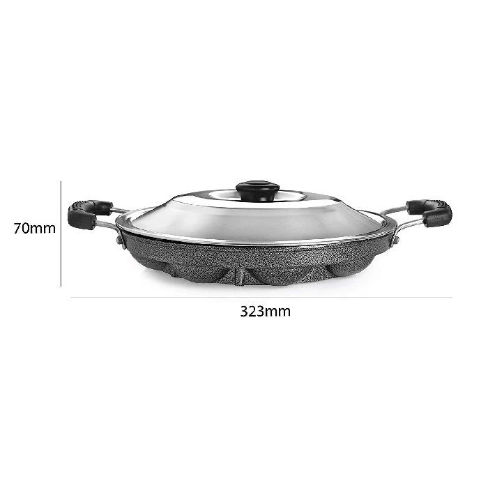 Tosaa Aluminium 12 Cavity Appam Patra Paniyarakkal Two Side Handle with Steel lid & Wooden Picker, ( 23 cm, Black), 550 g-3.webp